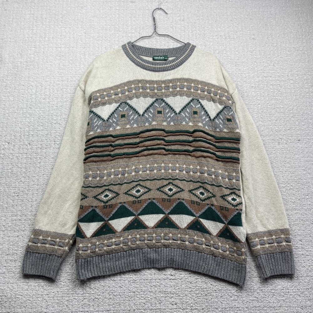VTG Sunday's Men S Sweater Off-White / Green 3D Knit Wool Blend Canada Made